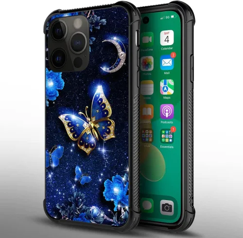 Vista 2 de Funda compatible con iPhone 14 Pro, fundas para mujeres y niñas, cielo azul, flor, luna y mariposa