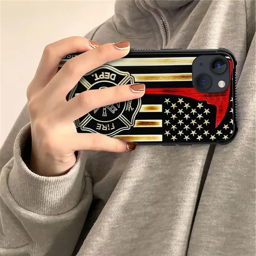 Vista 4 de ZHEGAILIAN Funda compatible con iPhone 14, funda de madera con bandera de hacha de bombero, parte trasera de vidrio templado + funda protectora