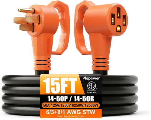 Vista 10 de Cable de extensión RV de 25 pies, 50 amperios, NEMA 14-50P a 14-50R 2-Negro naranja