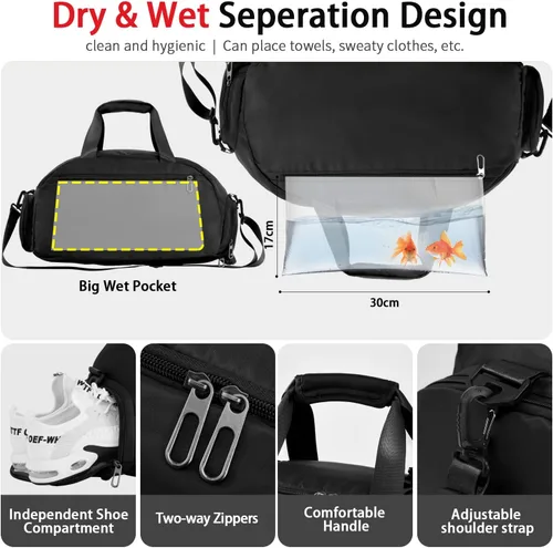 Vista 3 de FIORETTO 30L Sports Gym Duffle Bag with Wet Pocket & Shoe Compartment, Water Repellent Weekender Hospital Overnight Bag for Women, Sports Holdall