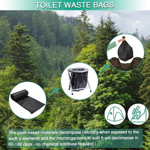 Vista 5 de Bolsas de inodoro portátiles para camping 80/60/20 100% compostables de 8 galones, uso con inodoro de cubo de 5 galones, bolsas de desechos de 20