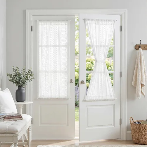 Vista 27 de MYSKY HOME Cortinas de encaje beige para puerta francesa de 40 pulgadas de largo, 2 paneles de cortinas florales bohemias transparentes para puerta