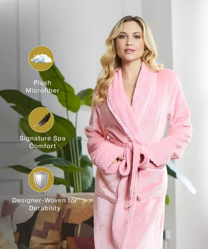 Vista 2 de Lotus Linen Plush Hooded Bathrobe for Women, Customized Monogram Robe, Cozy and Luxurious