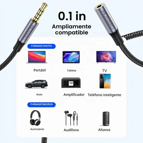 Vista 2 de MOSWAG Cable de extensión de 3.28 pies/1 metro de 3.5mm macho a hembra, cable de audio estéreo de nailon trenzado compatible con estéreos