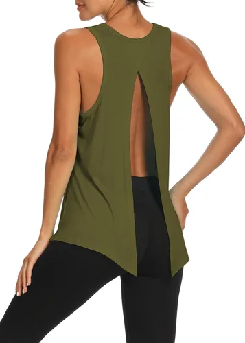 Vista 3 de Bestisun - Camisetas de tirantes para mujer con espalda abierta, ropa deportiva para entrenamiento, yoga y ejercicio Verde militar