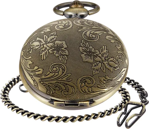 Vista 2 de Both Sides - Reloj de bolsillo de cuarzo tallado en bronce con movimiento de cuarzo, reloj de bolsillo de cuarzo con clip de cadena para hombre