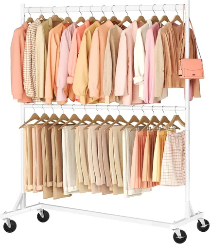 Vista 10 de Hoctieon Estante de doble barra Z, estantes de ropa rodantes con base en Z, perchero ajustable para ropa, perchero de pie para ropa de pie, perchero
