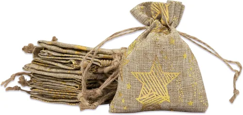 Vista 27 de 48 paquetes de 3x4 bolsas de regalo reutilizables de yute y arpillera con cordones (Feliz Navidad, X-Pequeño) - para regalos, favores de fiesta