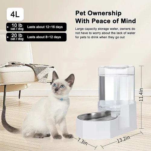 Vista 3 de Sfozstra - Dispensador de agua por gravedad: Comedero automático de 4L en acero inoxidable blanco para gatos sin filtros para mascotas, uso