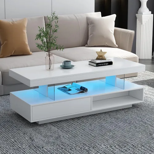 Vista 10 de Mesa de centro moderna LED con cajones de almacenamiento y estantes de exhibición de 2 capas, mesa central rectangular de 51 pulgadas, mesa
