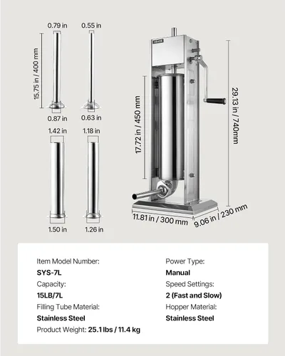 Vista 7 de VEVOR Embutidor manual de salchichas 15 lbs/7L Máquina de carne vertical de Plateado-7LN