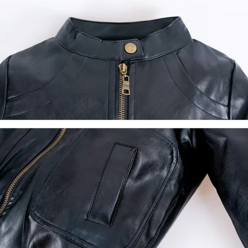 Vista 8 de Elife Chaqueta de moto de primavera de cuero PU con cuello alto para niño