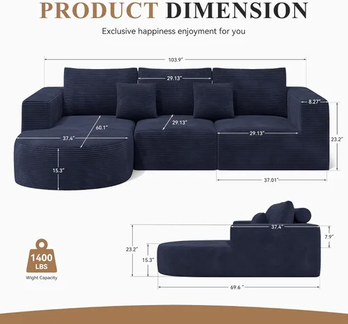 Vista 2 de Sofá modular modular con diván en forma de L, sofá cama moderno seccional Cloud con asiento profundo, sofás de compresión de esponja, no requiere