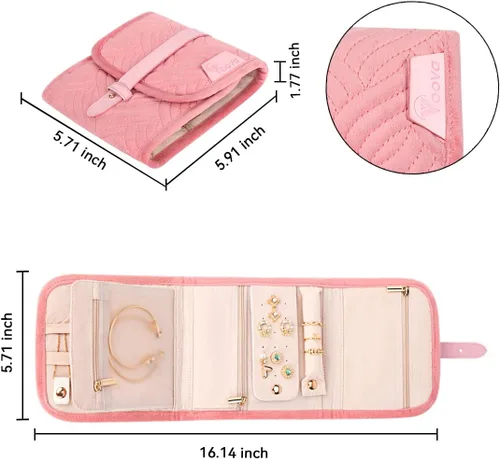 Vista 6 de Voova Estuche organizador de joyas de viaje, bolsa pequeña de almacenamiento de joyas para artículos esenciales de viaje, bolsa plegable portátil