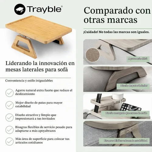 Vista 5 de Shamrock Home Mesa Bandeja de Bambú para Brazo de Sofá, Mesa Bandeja con Clip para Sofás. Bandeja de Brazo de Sofá para Cenas de TV, Controles Beige