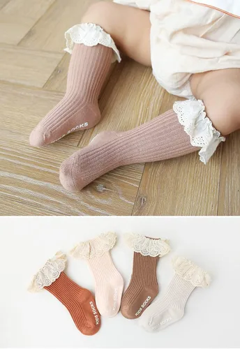 Vista 4 de Calcetines largos de uniforme para bebés y niñas calcetines de encaje con volantes para bebés y niñas calcetines altos de algodón