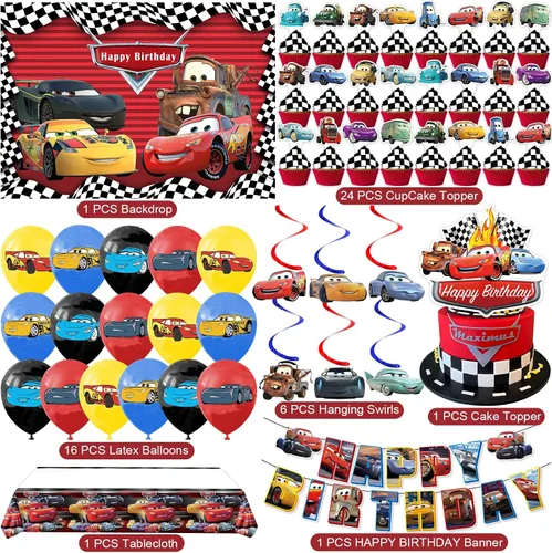 Vista 2 de Suministros para fiestas de cumpleaños de autos, el juego de decoraciones de fiesta incluye pancarta, telón de fondo, globos, remolinos colgantes