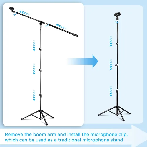 Vista 4 de Paquete de 2 soportes para micrófono, soporte de micrófono trípode Bietrun con altura de boom ajustable, con bolsa de transporte y clips