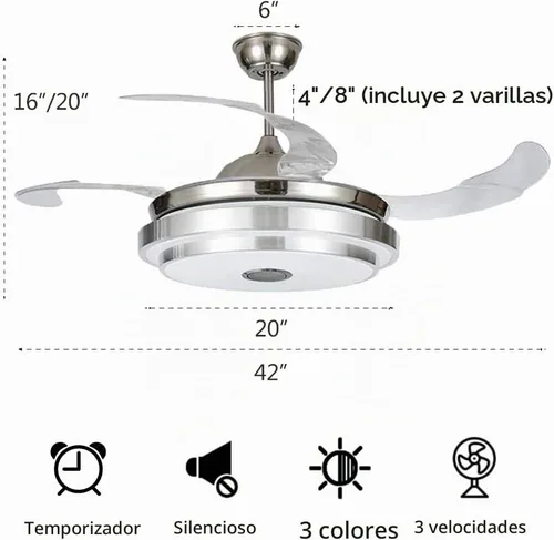 Vista 7 de Ventilador de techo de 42 pulgadas con luz y altavoz Bluetooth, moderno ventilador de techo retráctil plateado con control remoto, 3 cambios
