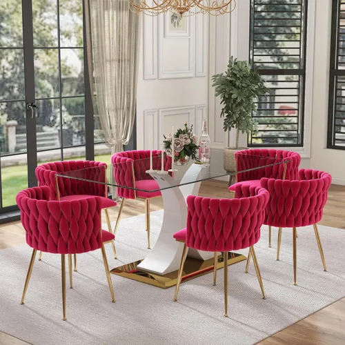 Vista 25 de Juego de comedor moderno de vidrio de lujo de 5 piezas, juego de cena rectangular minimalista grande para 4, juego de mesa de cocina de vidrio
