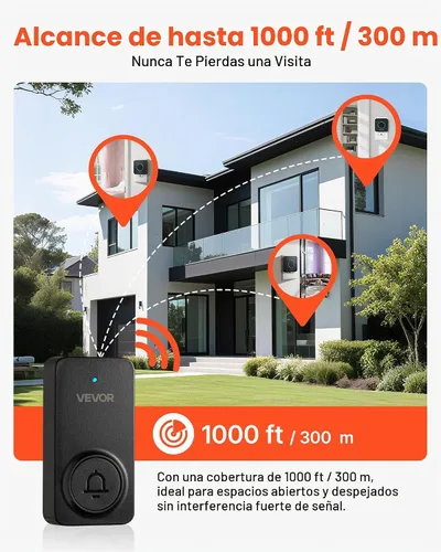 Vista 2 de VEVOR Kit de timbre inalámbrico, IP54 resistente al agua con rangos de hasta 1000 pies, 5 volúmenes ajustables, 48 tonos de llamada, fácil