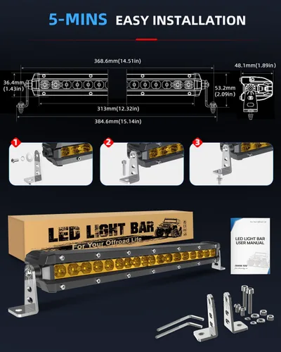 Vista 5 de BraveWAY Barra de Luz LED Amarilla de 14 Pulgadas Fila Única 6480LM Haz Combinado Spot Flood Niebla Ámbar Barra de Luz Todoterreno para Camión