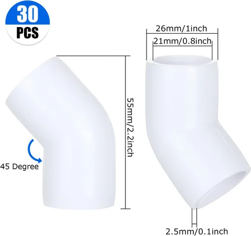 Vista 2 de DAJAVE Paquete de 30 accesorios de tubería de PVC de 1/2 pulgada y 45 grados, codo de PVC de ángulo recto de 2 vías, conectores de montaje