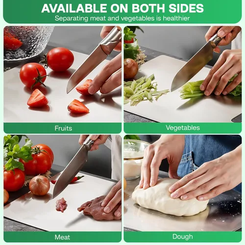 Vista 7 de Tablas de cortar de acero inoxidable para cocina, acero inoxidable 304 de grado alimenticio, tabla de cortar no tóxica de doble cara, tablas