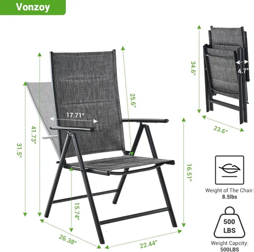 Vista 3 de Juego de 2 sillas plegables para patio, sillas de patio al aire libre con asiento acolchado de algodón de textileno suave y respaldo ajustable de 7