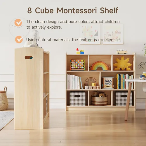 Vista 3 de ONBRILL Estantería Montessori de 8 cubos, estantería y organizador de almacenamiento de juguetes para habitación de niños, estantería de madera de 3