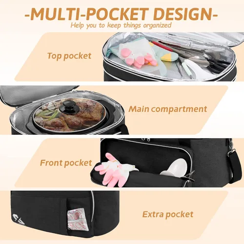 Vista 5 de Bolsa para olla de cocción lenta de doble capa Golkcurx para ollas ovaladas CrockPot de 6-8 cuartos y modelos Hamilton Beach, con correa ajustable