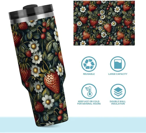 Vista 8 de Botella de agua de viaje de boca ancha con diseño de fresas de frutas, tapa a prueba de fugas y pajita, taza de té decorativa con tapa para agua, té