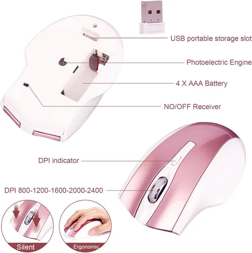 Vista 7 de Juego de teclado y mouse inalámbricos, 2.4G USB silencioso ultrafino compacto de tamaño completo, compatible con PC, Windows, Mac, MacBook (oro rosa)
