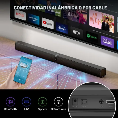 Vista 5 de MZEIBO Barra de sonido para Smart TV, barra de sonido Bluetooth de 80 W, altavoz de TV desmontable 2 en 1 con Bluetooth 5.0/ARC/óptico/AUX, sistema
