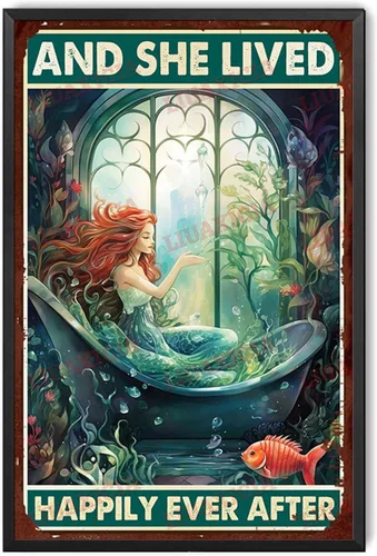 Vista 9 de LIUAXICIA Letrero de lata retro con diseño de sirena y ella vivió feliz para siempre, para decoración del hogar, 8 x 12 pulgadas, pintura de lata