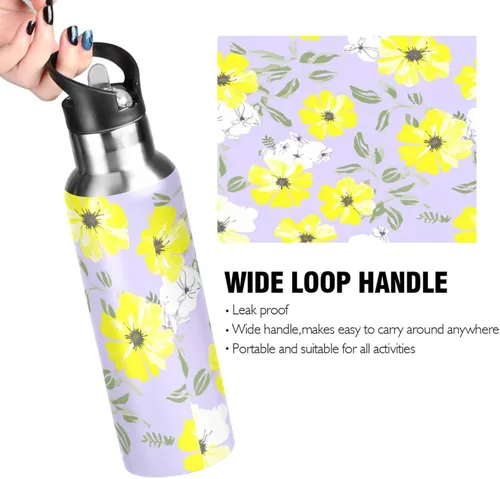 Vista 4 de White Yellow Flowers Violet Stainless Steel Water Bottle 32 Oz Leakproof Water Bottles, BPA-Free Sports Water Bottle with Straw