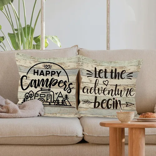 Vista 4 de Fundas de almohada decorativas con temática de campamento, 2 x 18 x 18 pulgadas, mezcla de lino y algodón beige, impresión de letras rústicas