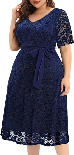 Vista 4 de Vestido midi de manga corta con encaje para mujer, talla grande, para despedida de soltera, invitada de boda, cóctel, semiformal, cuello en V