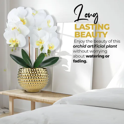 Vista 6 de Orquídeas artificiales grandes, orquídeas artificiales blancas de 17 pulgadas con maceta dorada para decoración de sala de estar, planta de orquídea