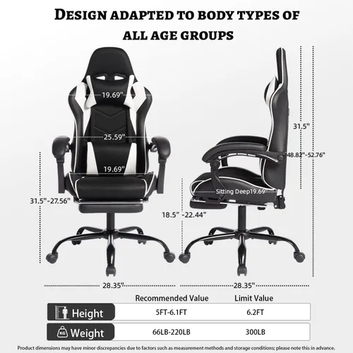 Vista 2 de Ergonomic Gaming Chair with Massage Lumbar Pillow, Reclining Racing Seat, Adjustable Footrest for PC Game Office, Black and White PU Leather