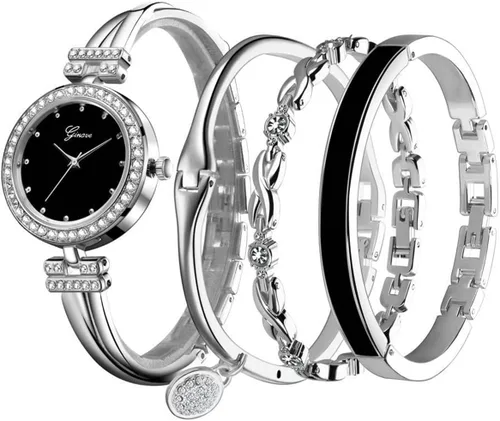 Vista 7 de CdyBox Reloj de cristal para mujer con 3 pulseras, reloj de pulsera de cuarzo, 4 piezas, juego de joyería para mujer