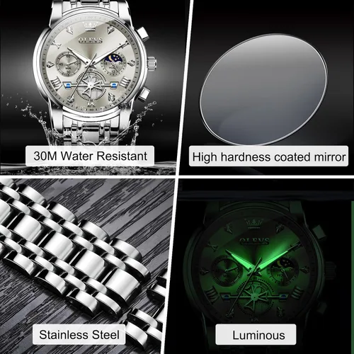 Vista 4 de OLEVS Relojes para hombre de acero inoxidable con cronógrafo, reloj de pulsera grande analógico de cuarzo, relojes de vestir impermeables de moda