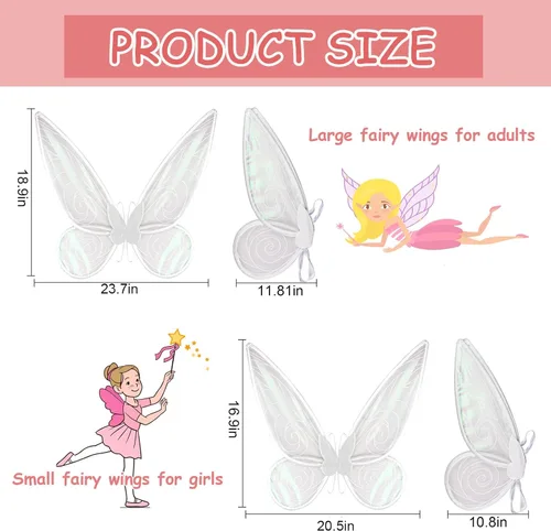 Vista 2 de Fairy Sparkling Sheer Wings, Fairy Big 24" Adult Women Wings, Small 20" Girls Butterfly Wings Cosplay Halloween Costumes