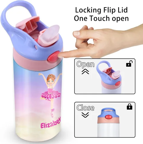 Vista 6 de Botellas de agua personalizadas de bailarina de regalo para niños, 20 onzas con nombre y pajita, tazas de acero inoxidable aisladas de acero