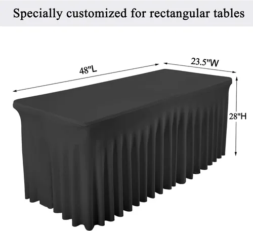 Vista 4 de Besutolife - Faldas de mesa de elastano negro para mesas rectangulares de 4 pies, diseño de una pieza, mantel para fiestas de cumpleaños, bodas