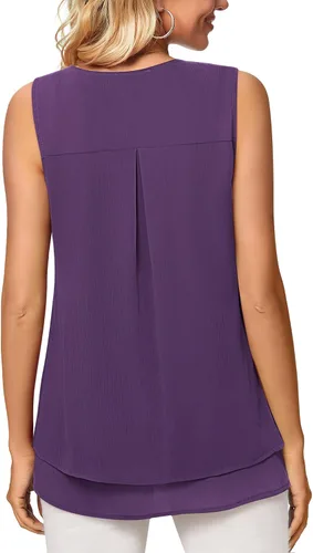 Vista 3 de Gaharu Blusa casual sin mangas para mujer, de doble capa, estilo casual, con vuelo