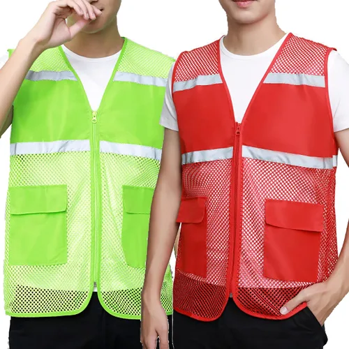 Vista 5 de TOPTIE Chaleco de seguridad de malla con cremallera, chaleco de uniforme de voluntario del equipo, chaleco reflectante para correr con bolsillos