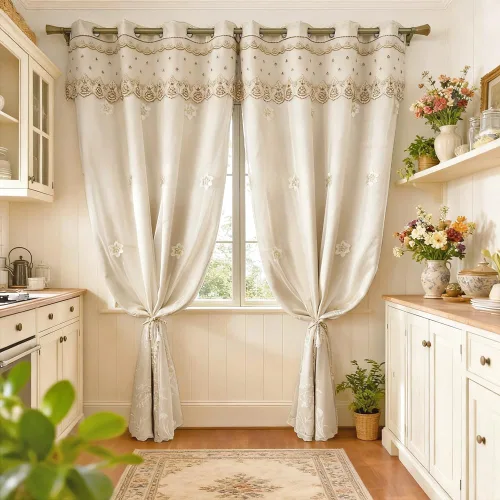 Vista 7 de Amidoudou 1 par de cortinas europeas de doble capa para sala de estar, dormitorio, cortinas bordadas de flores de lujo con cenefa