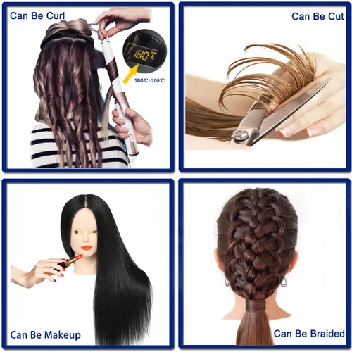 Vista 5 de NAYOO Cabeza de maniquí con cabello y soporte, maniquíes de cabello 60% real para practicar, cabezas de maniquí de cosmetología para práctica