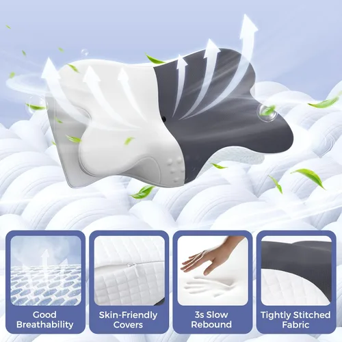 Vista 4 de Almohada cervical para aliviar el dolor de cuello, almohada cervical de espuma viscoelástica para dormir, almohada ortopédica de apoyo para el Gris